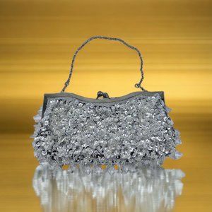 Silver Beaded Sequins Kiss Lock Formal Evening Bag